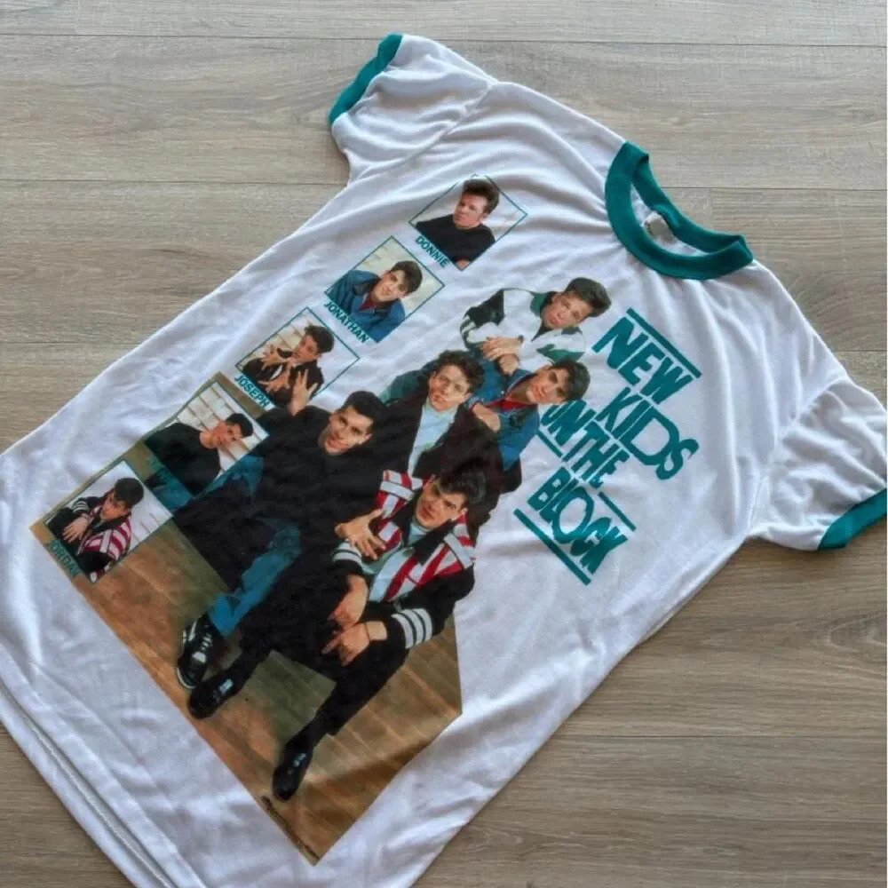 New Kids on the Block Girls 0S Nightgown White & Teal Ringer Vintage 90's Retro